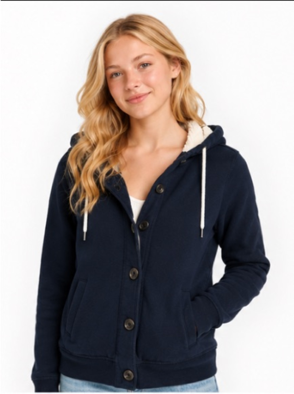 Y2K Abercrombie Fitch Sherpa Lined Hoodie Jacket Navy Button Front L